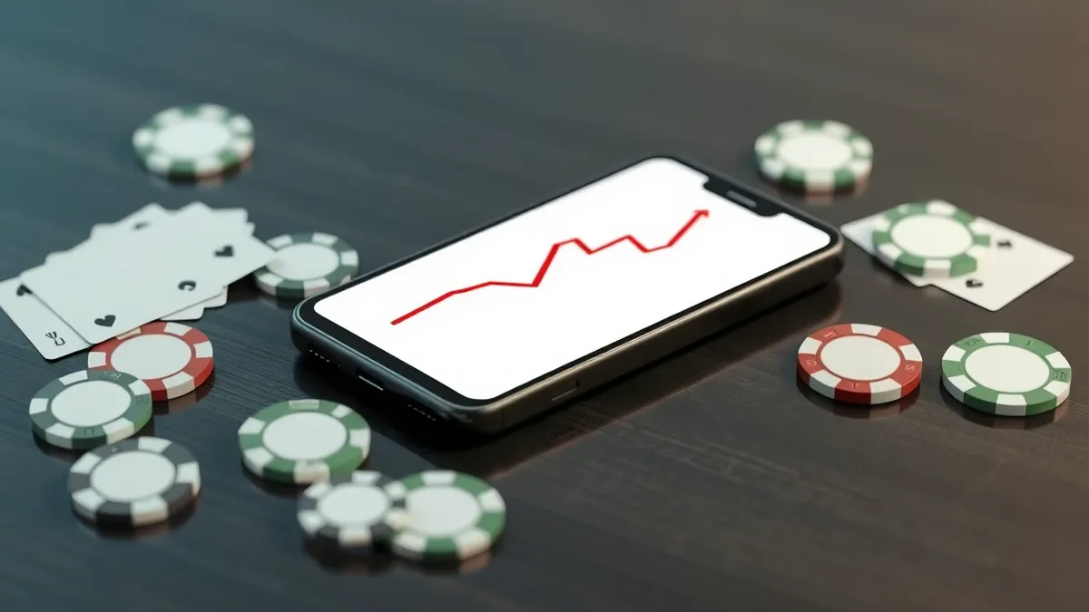 Illustration: A sleek black smartphone rests on a table beside scattered playing cards and poker chips.