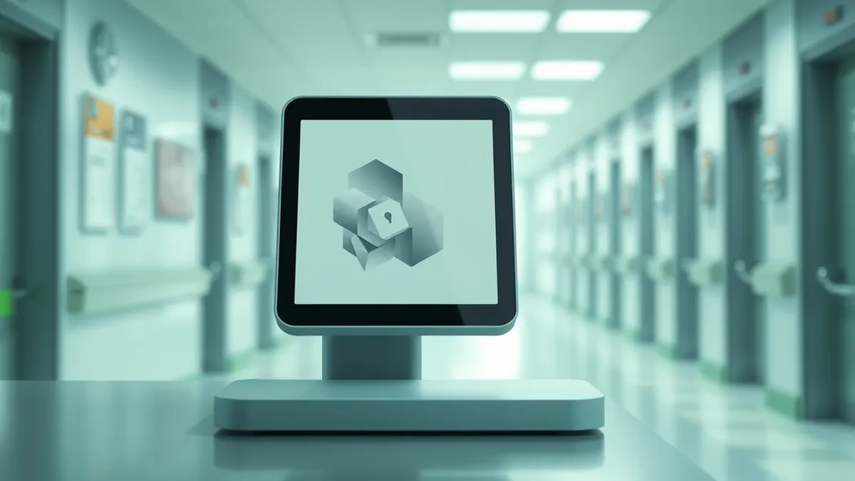 Illustration: A blurred hospital corridor focuses on a sleek medical kiosk with its screen locked, showing only abstract geometric shapes.
