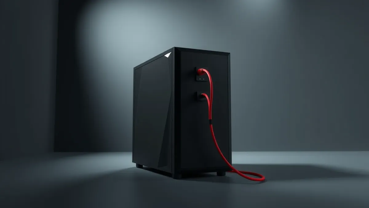 Illustration: A sleek black rack-mounted server sits in a dim room.