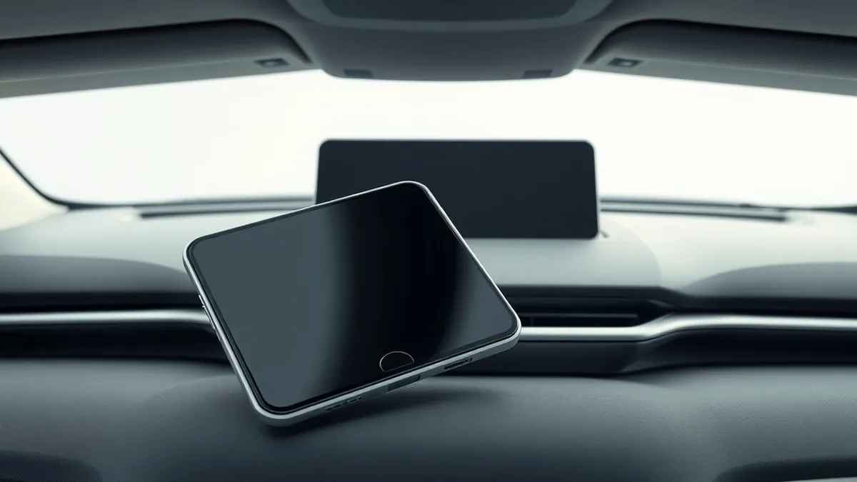 Illustration: A folded smartphone rests on a car dashboard, its screen blank and dark.