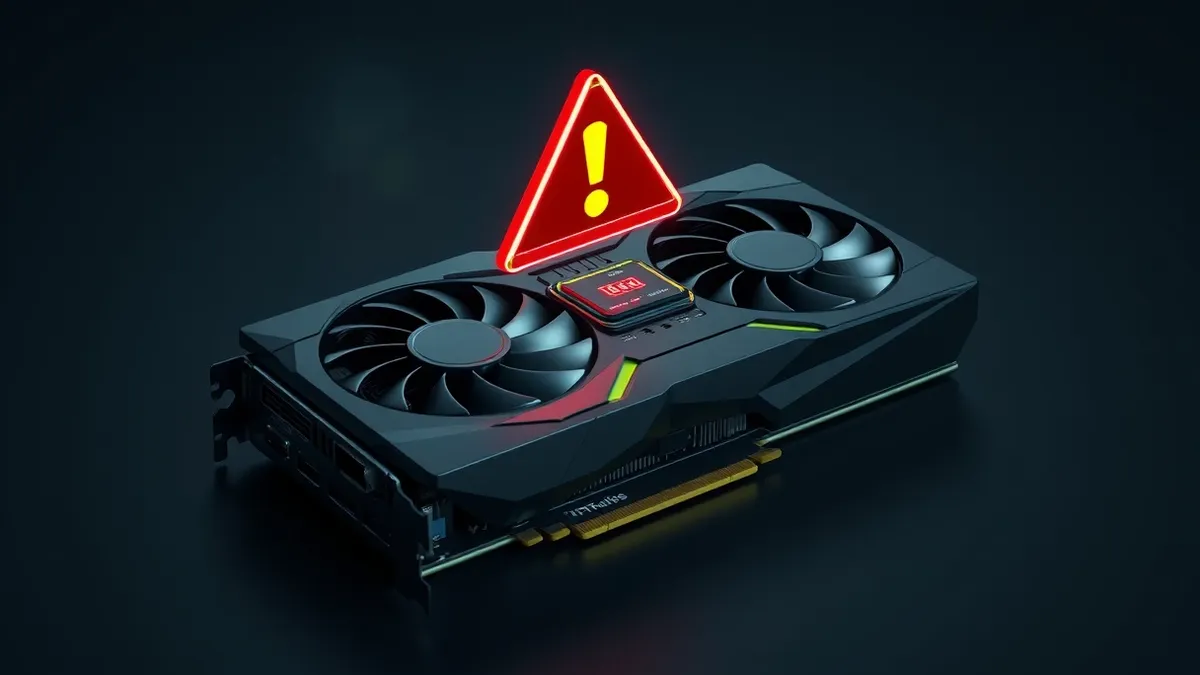 Illustration: A sleek black graphics card with a dual-fan design rests on a dark surface.