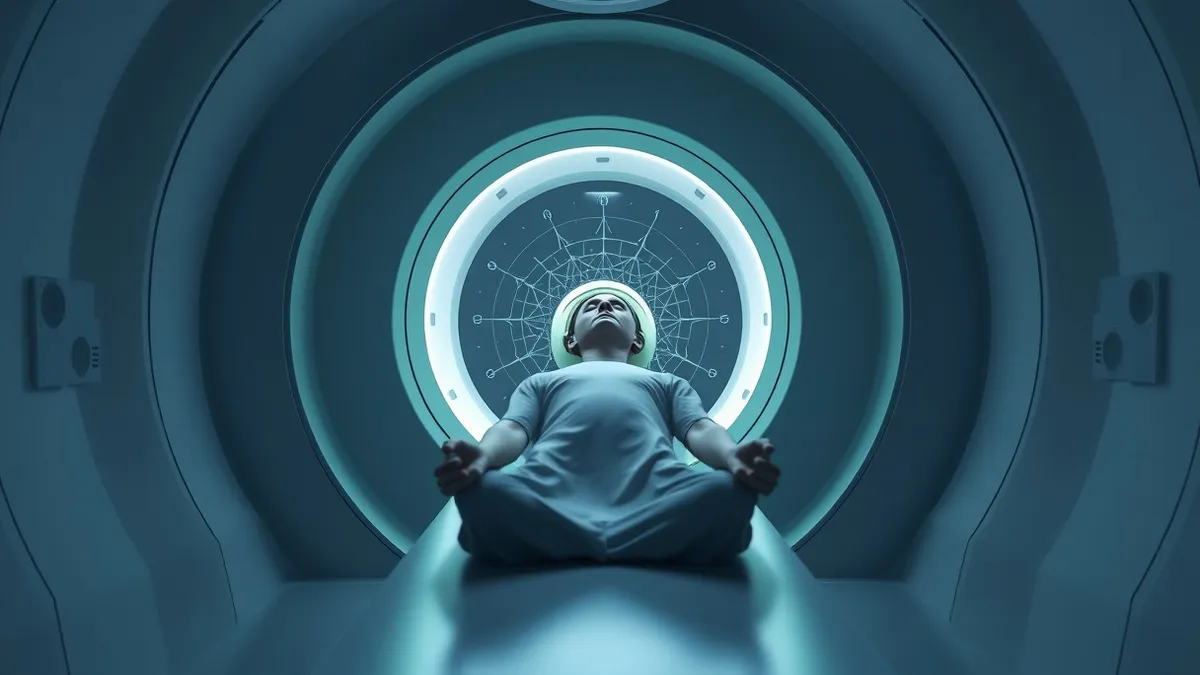 Illustration: A patient lies motionless inside the narrow tunnel of an MRI scanner, wearing a soft head coil.
