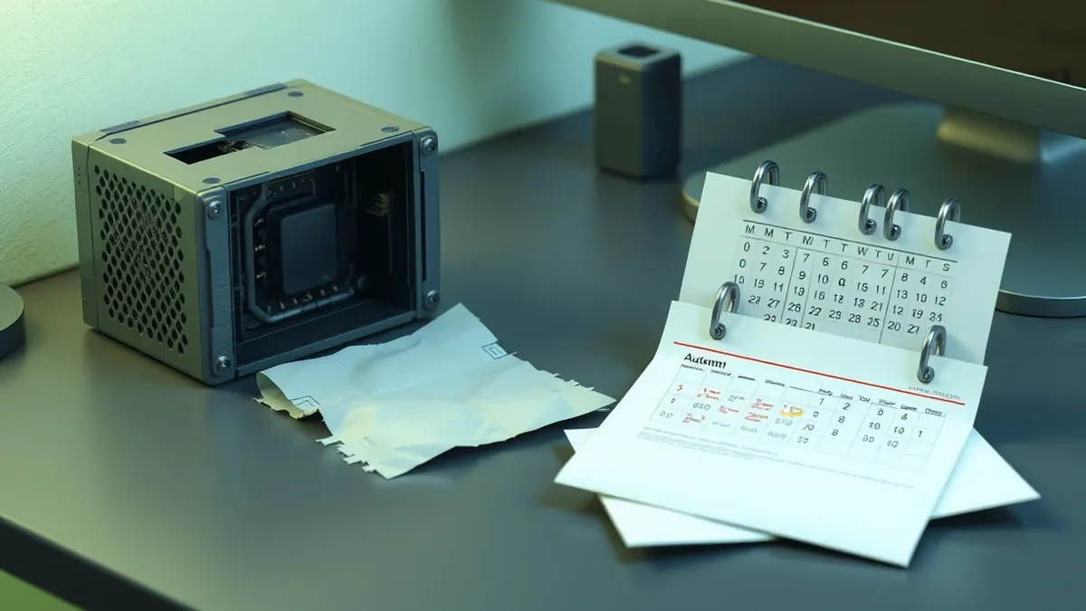 Illustration: A tattered patch lies on a desk next to a disassembled server component.