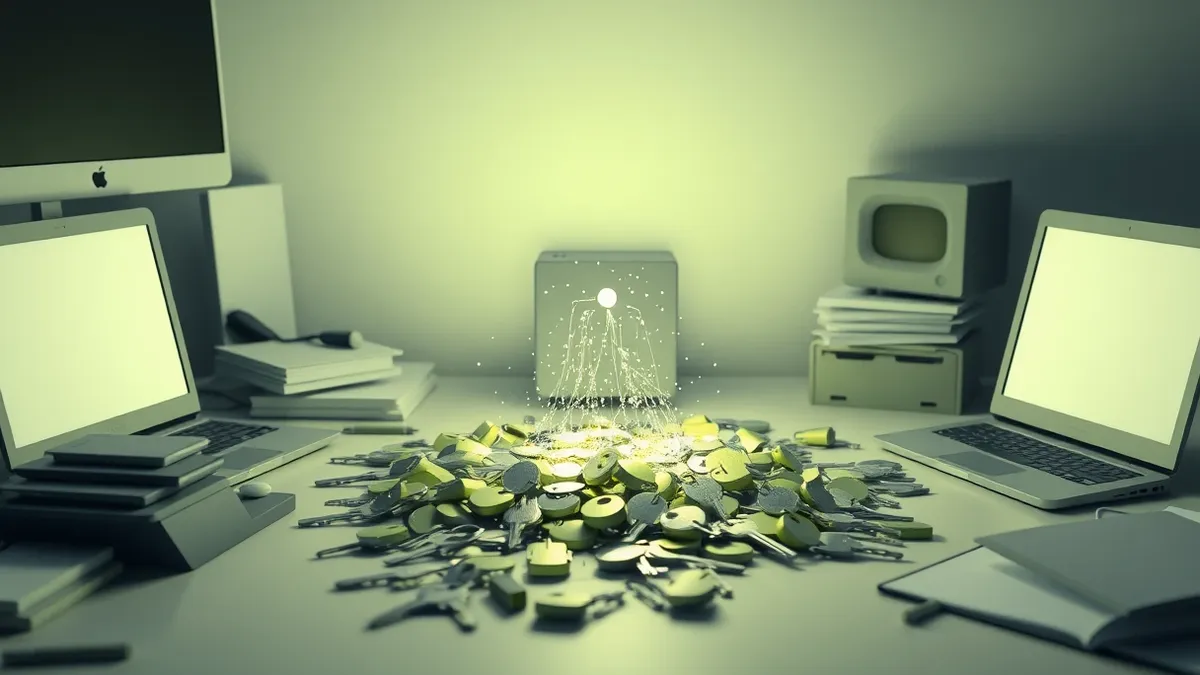 Illustration: A central digital hub sits in the middle of a cluttered desk, replacing a scattered pile of loose keys.