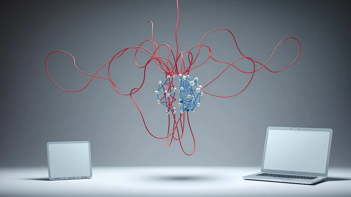 Illustration: A complex web of tangled red and blue cables floats in midair, connecting to a single central node that is split into two separate, unconnected halves.