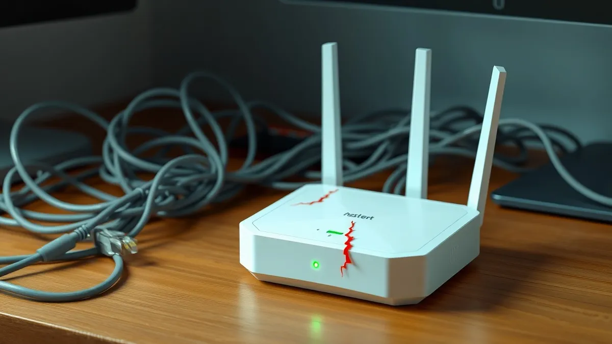 Illustration: A small white home router sits on a wooden desk next to a tangled mess of ethernet cables.