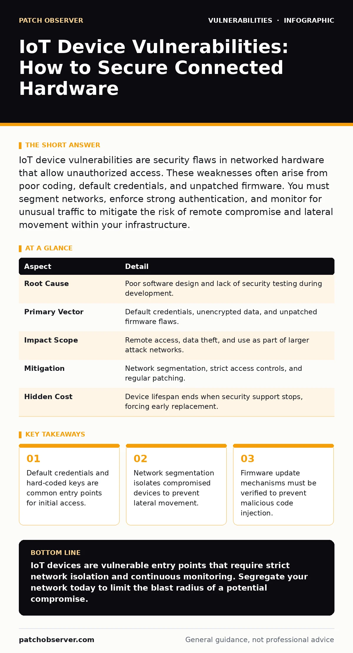 Infographic: IoT Device Vulnerabilities: How to Secure Connected Hardware. Default credentials and hard-coded keys are common entry points for initial access. Network segmentation isolates compromised devices to prevent lateral movement. Firmware update mechanisms must be verified to prevent malicio