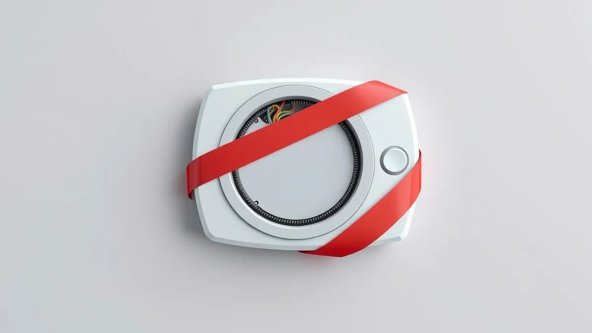 Illustration: A white smart thermostat sits on a bare wall with its cover panel pried off to reveal exposed circuitry and loose wires.