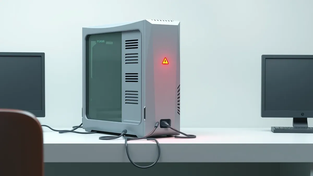 Illustration: A generic desktop computer sits on a plain desk with its power cord unplugged from the back.