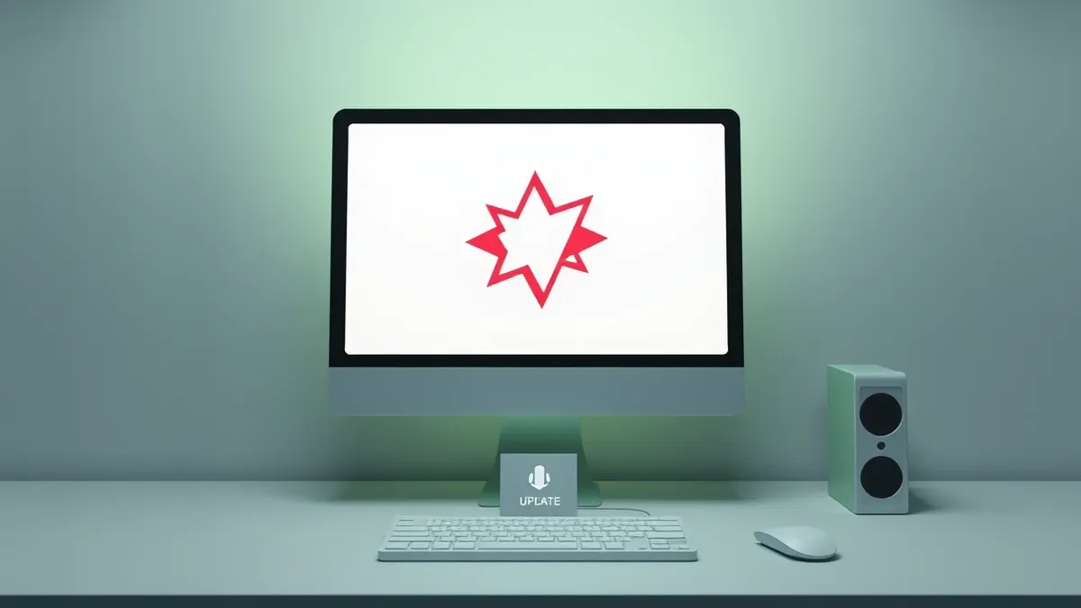 Illustration: A single, isolated computer screen sits on a desk, displaying a blank white window with a jagged, red abstract shape bursting from the center to symbolize a critical 