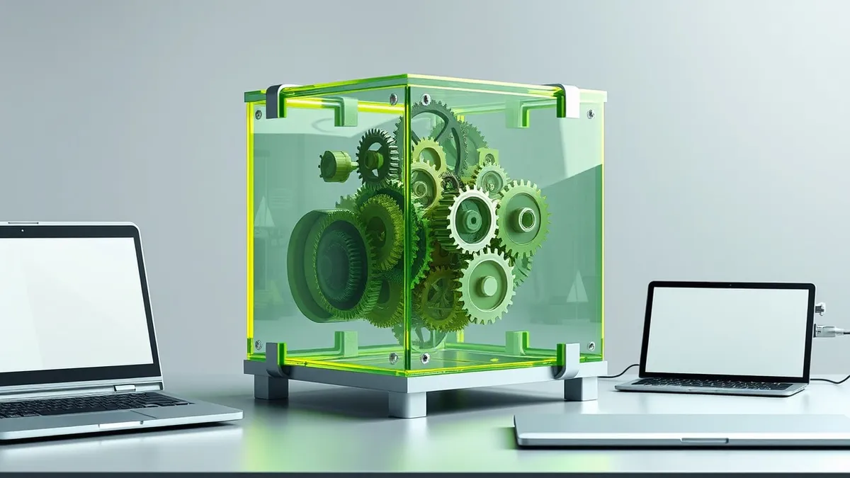 Illustration: A translucent glass cube sits on a sleek metal desk, revealing complex internal gears spinning in chaotic motion.