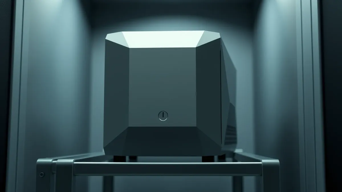 Illustration: A sleek, modern server unit sits quietly on a clean metal rack.