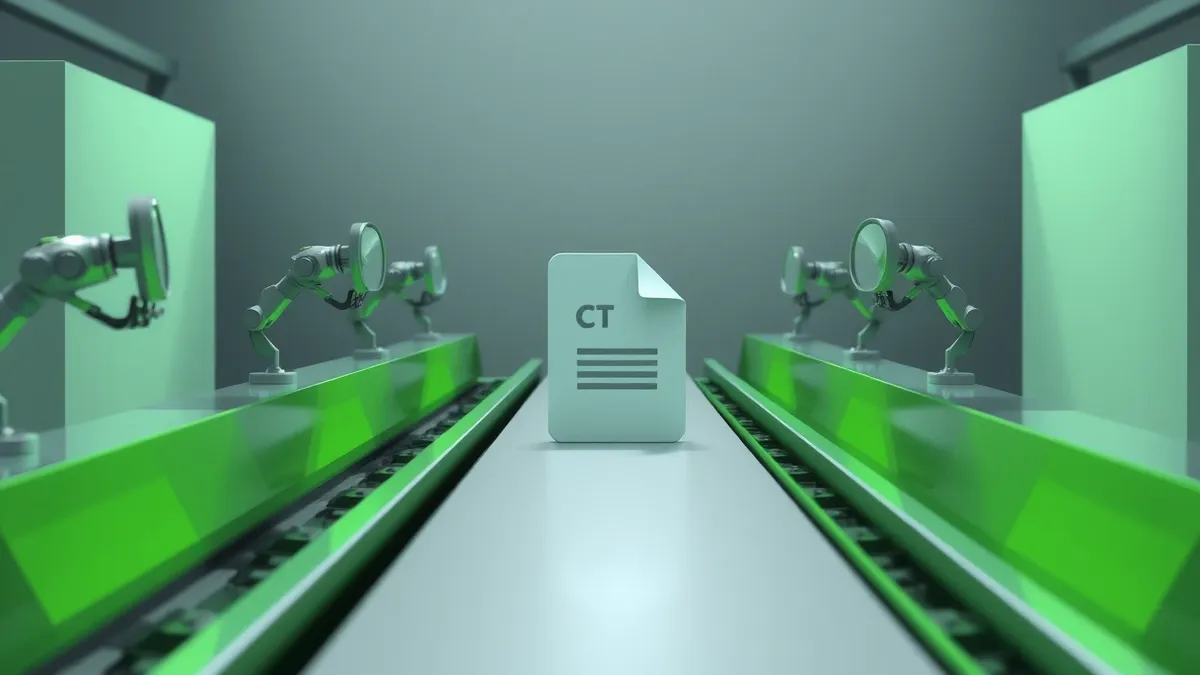 Illustration: A single code file moves along a smooth conveyor belt toward a factory gate.