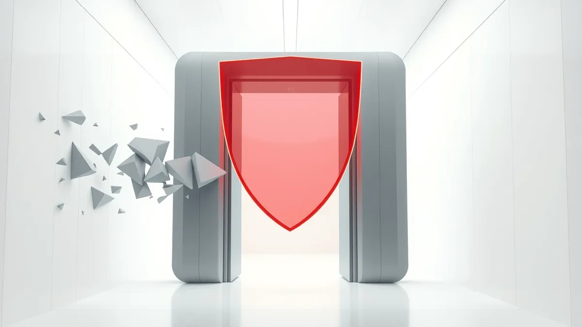 Illustration: A sleek metallic gateway gate stands open in a sterile white corridor.