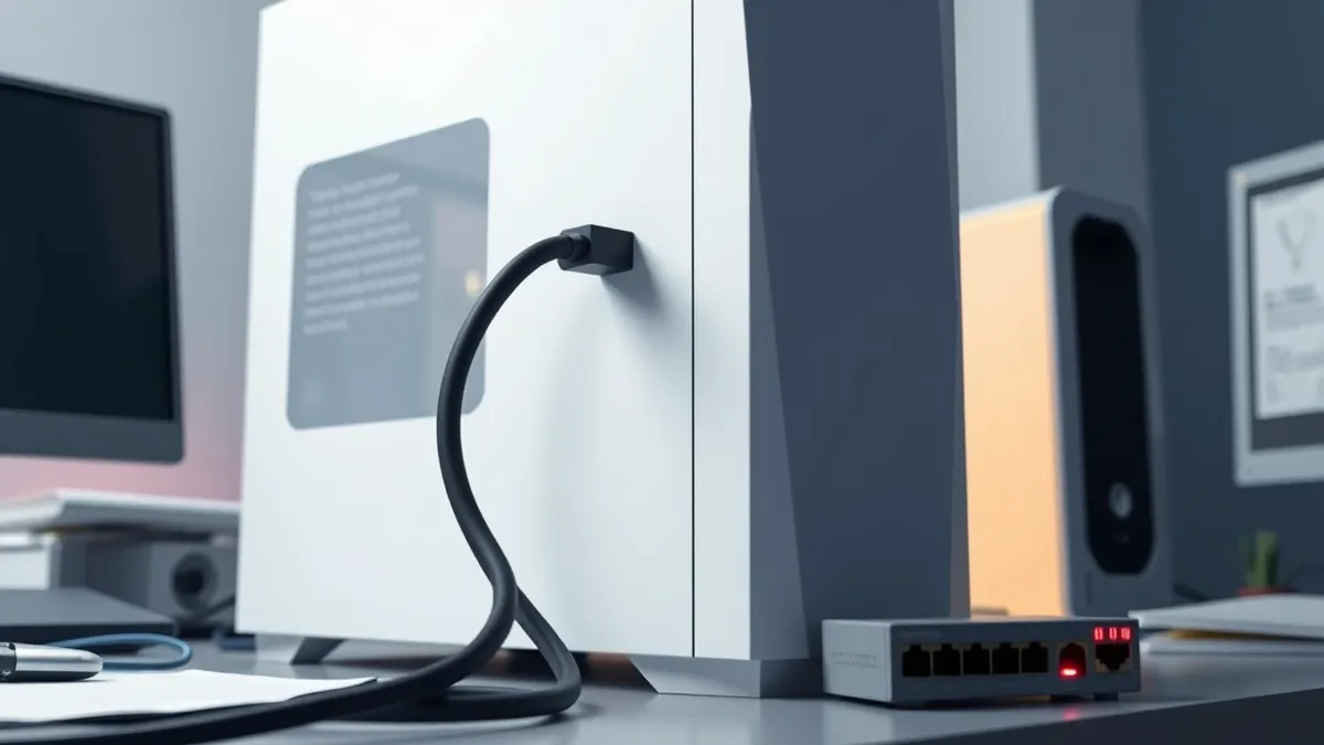 Illustration: A sleek white desktop tower sits on a cluttered office desk, its rear ports facing outward.