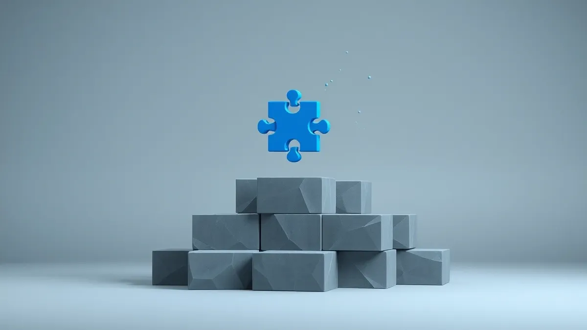 Illustration: A single blue puzzle piece floats above a stack of mismatched gray blocks.