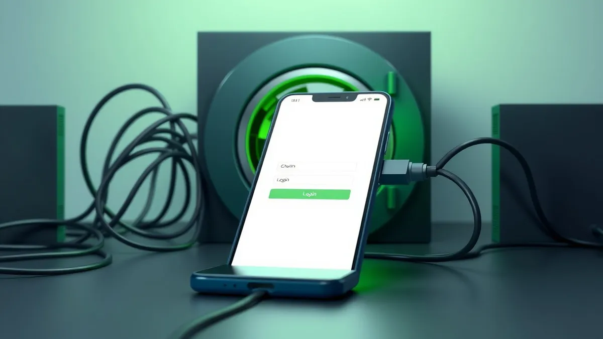 Illustration: A sleek smartphone rests on a desk, its screen displaying a blank login form.