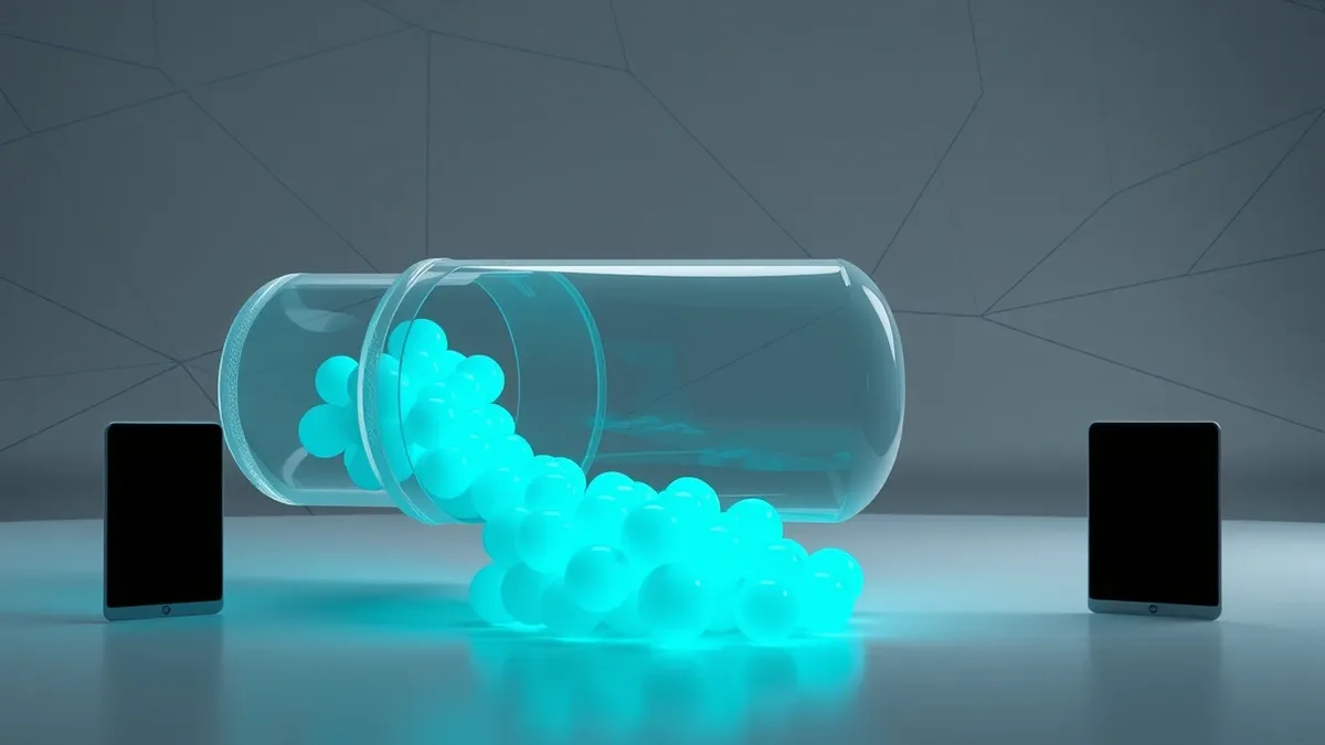 Illustration: A translucent glass tube carries glowing blue spheres through a dark, abstract network of intersecting lines.