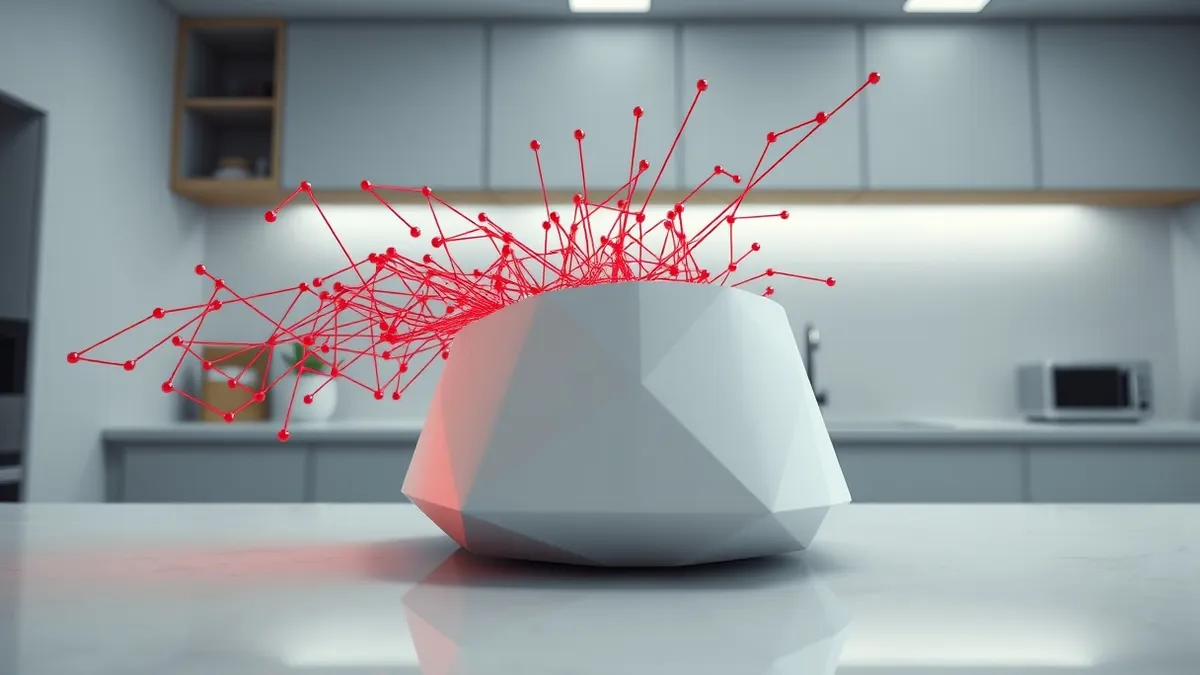 Illustration: A white smart home hub sits on a modern kitchen counter, its smooth surface reflecting overhead light.