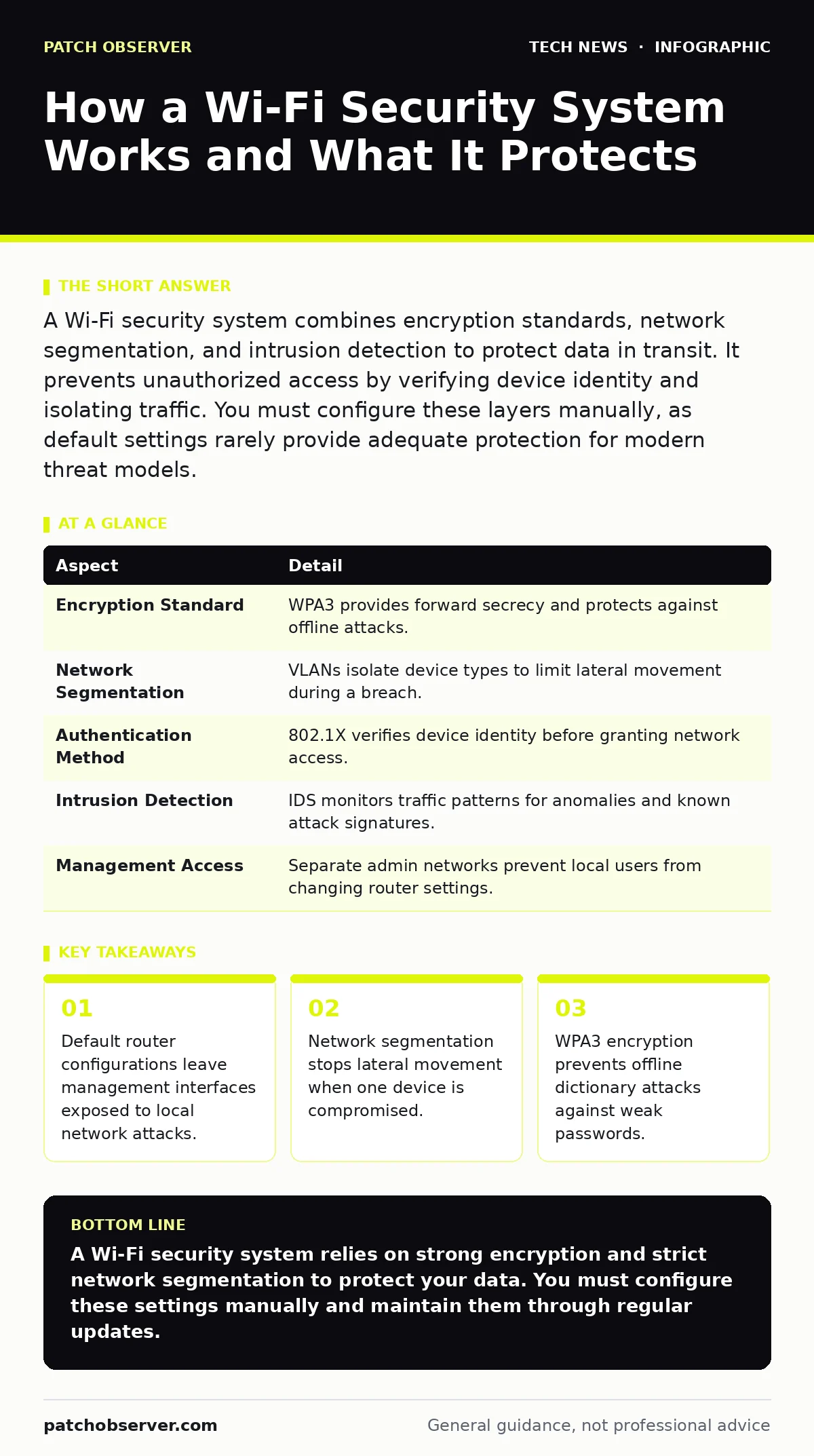 Infographic: How a Wi-Fi Security System Works and What It Protects. Default router configurations leave management interfaces exposed to local network attacks. Network segmentation stops lateral movement when one device is compromised. WPA3 encryption prevents offline dictionary attacks against wea