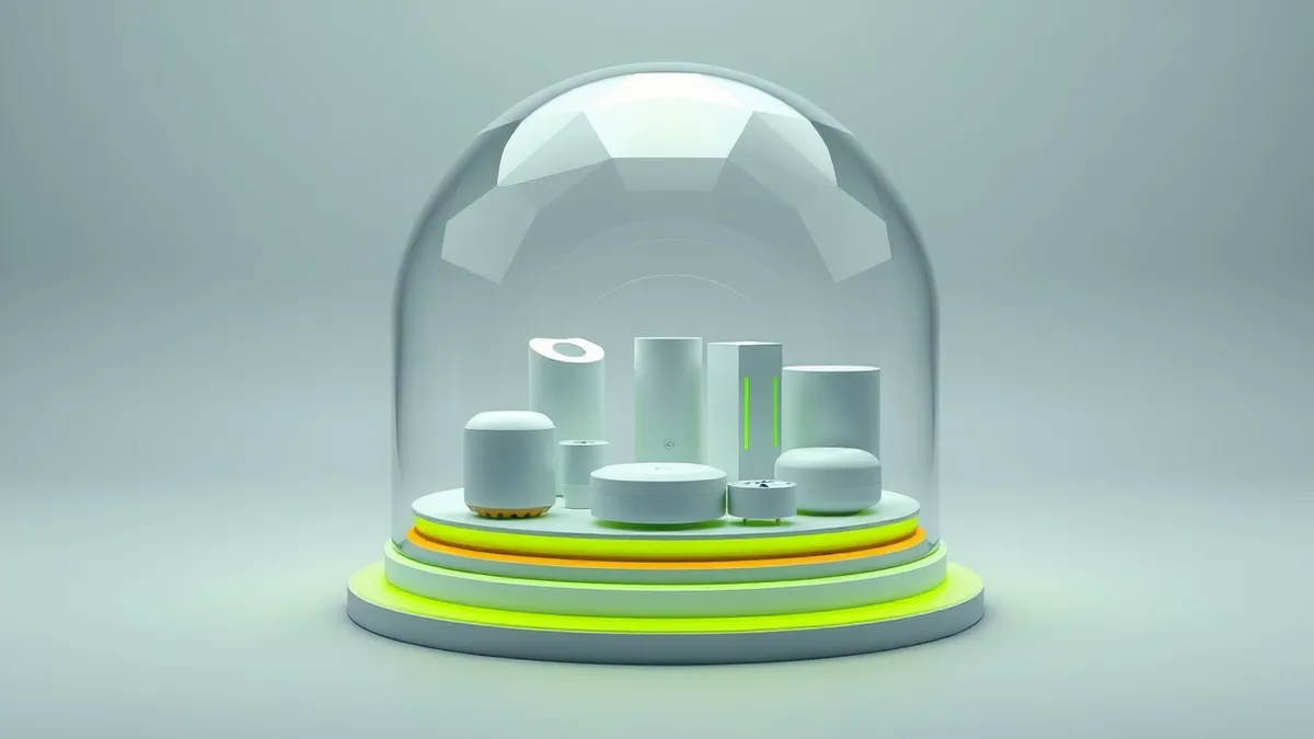 Illustration: A transparent glass dome encases a cluster of smart home devices.