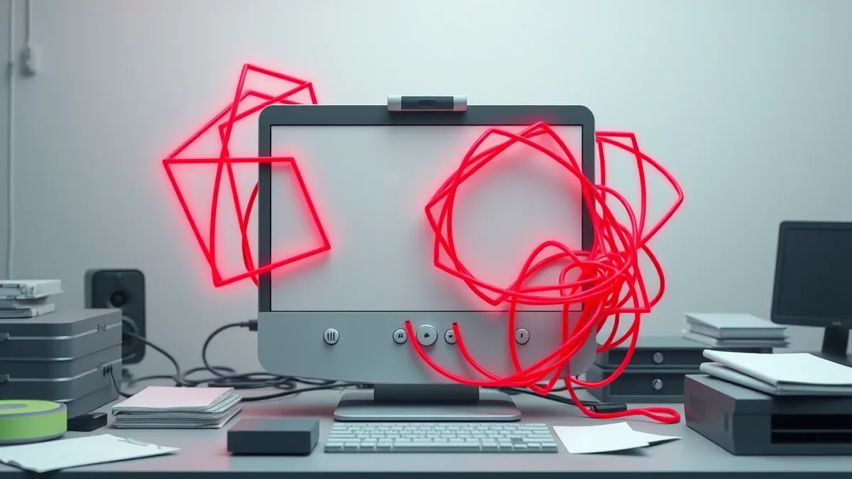 Illustration: A sleek video conferencing terminal sits on a cluttered office desk.