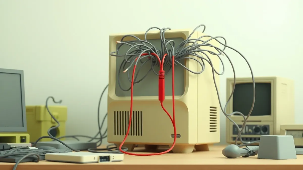 Illustration: A beige desktop computer sits on a cluttered desk with a tangled web of ethernet cables snaking out from its rear ports.