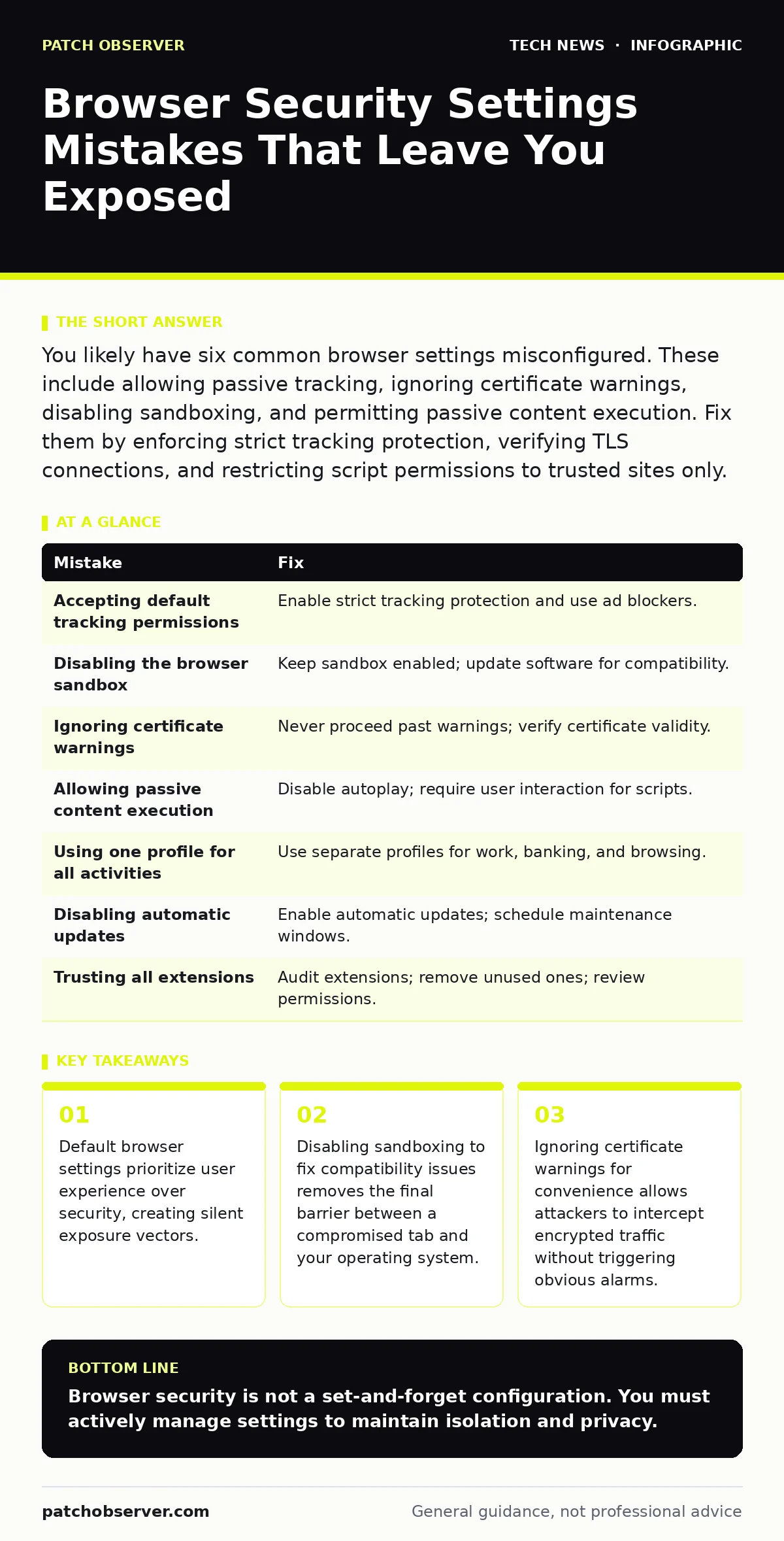 Infographic: Browser Security Settings Mistakes That Leave You Exposed. Default browser settings prioritize user experience over security, creating silent exposure vectors. Disabling sandboxing to fix compatibility issues removes the final barrier between a compromised tab and your operating system.
