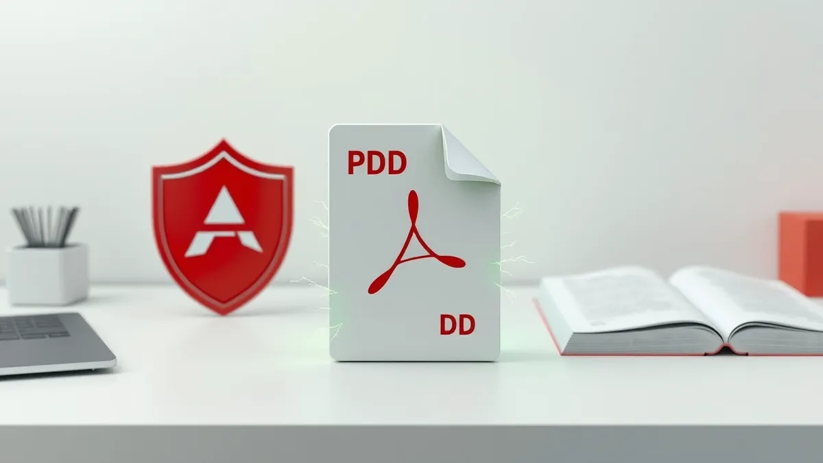 Illustration: A single PDF document icon sits on a clean white desk surface next to a red warning shield.