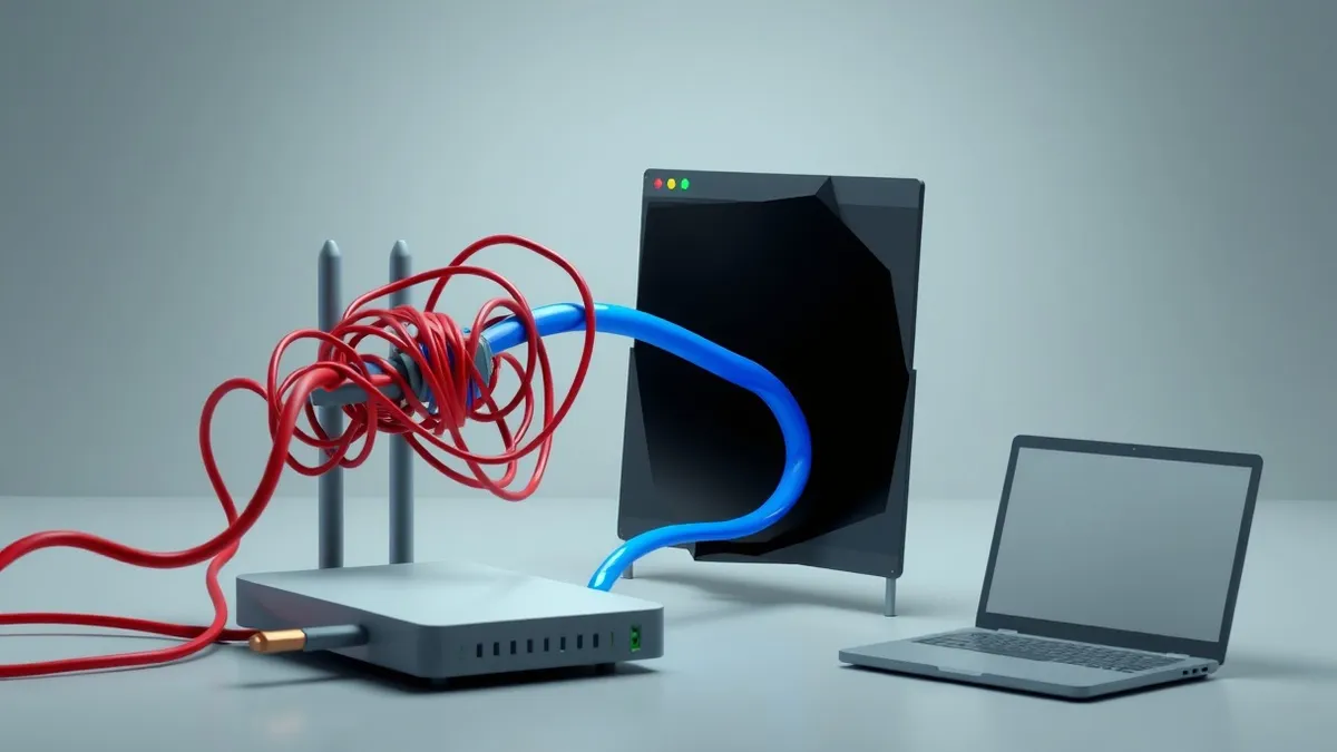 Illustration: A tangled red wire intercepts a clean blue data stream flowing from a home router to the internet.