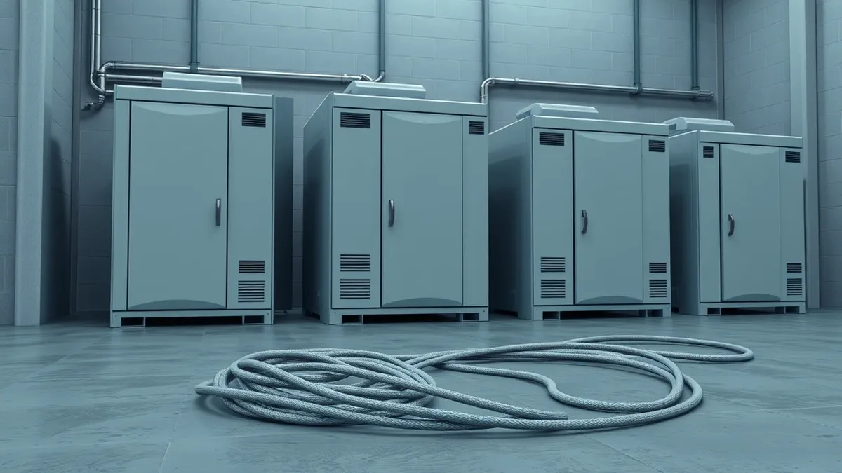 Illustration: A row of industrial refrigeration units stands silent in a cold storage warehouse, their control panels blank and dark.