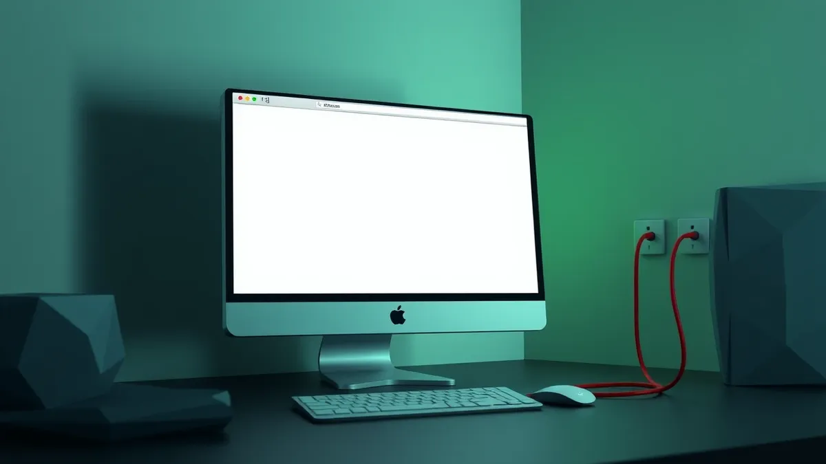 Illustration: A desktop computer monitor displays a blank web browser window with a simple interface panel.