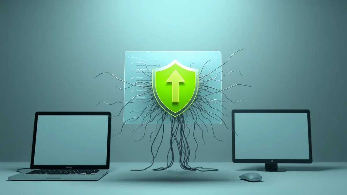 Illustration: A generic software settings panel floats in midair, displaying a single upward-pointing arrow that pierces through a translucent security shield.