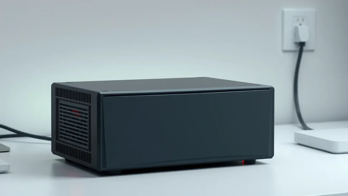 Illustration: A sleek black network appliance sits on a clean white desk, its front panel displaying only abstract geometric shapes.