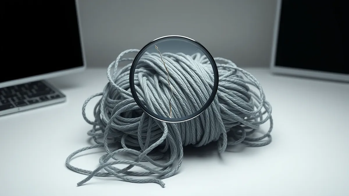 Illustration: A tangled knot of gray threads rests on a white desk, with one strand severed cleanly and fraying into loose ends.