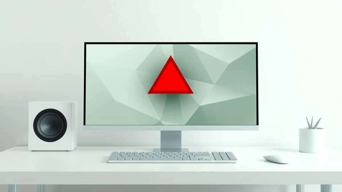 Illustration: A sleek desktop computer sits on a clean white desk, its monitor displaying only soft, abstract geometric shapes in muted tones.