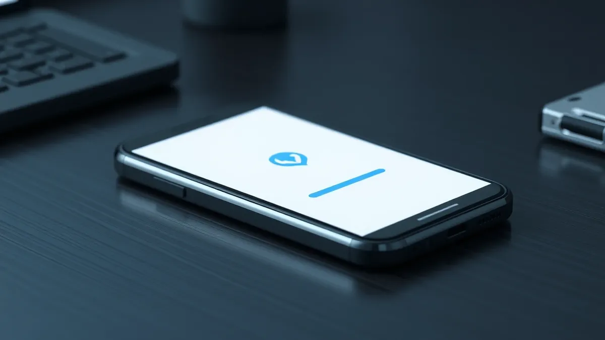 Illustration: A sleek black smartphone rests on a dark wooden desk, its screen glowing with a simplified interface showing a single blue verification badge and a subtle loading bar