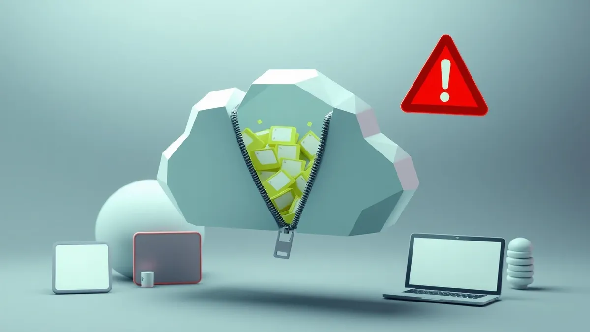 Illustration: A floating cloud icon with an open zipper reveals scattered digital files drifting into the void.