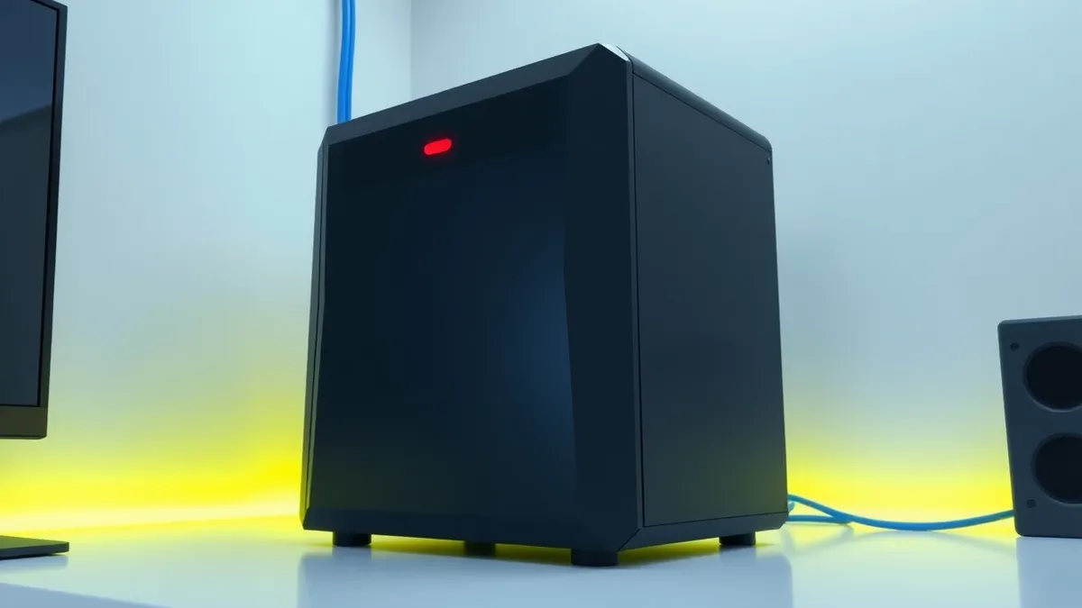 Illustration: A sleek black server tower sits on a desk, its front panel featuring a single red warning light.