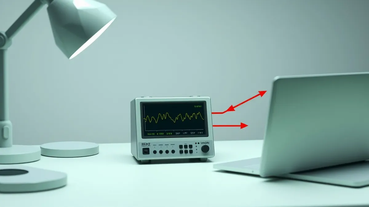 Illustration: A small office desk holds a single compact network analyzer device with a blank screen displaying abstract waveforms.
