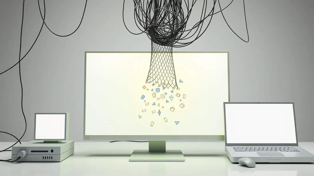 Illustration: A tangled nest of thin black cables snags and lifts a glowing mesh net from a blank monitor screen.