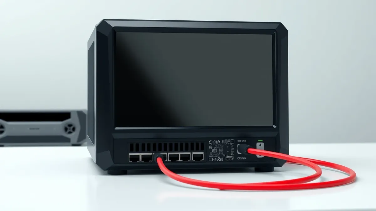 Illustration: A sleek black network appliance sits on a clean white desk.