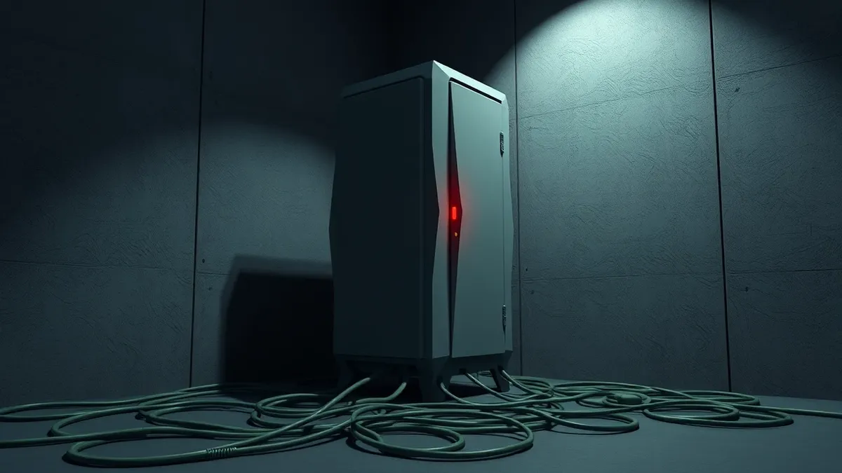 Illustration: A weathered grey server tower stands alone in a dimly lit corner of a concrete room.