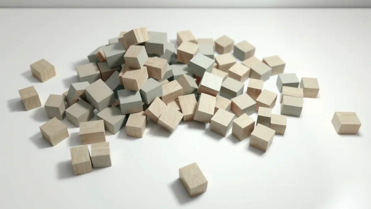 Illustration: A scattered pile of wooden building blocks sits on a clean white desk.