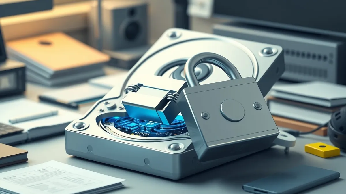 Illustration: A silver hard drive sits on a cluttered desk, its metallic casing cracked open to reveal glowing blue circuitry inside.