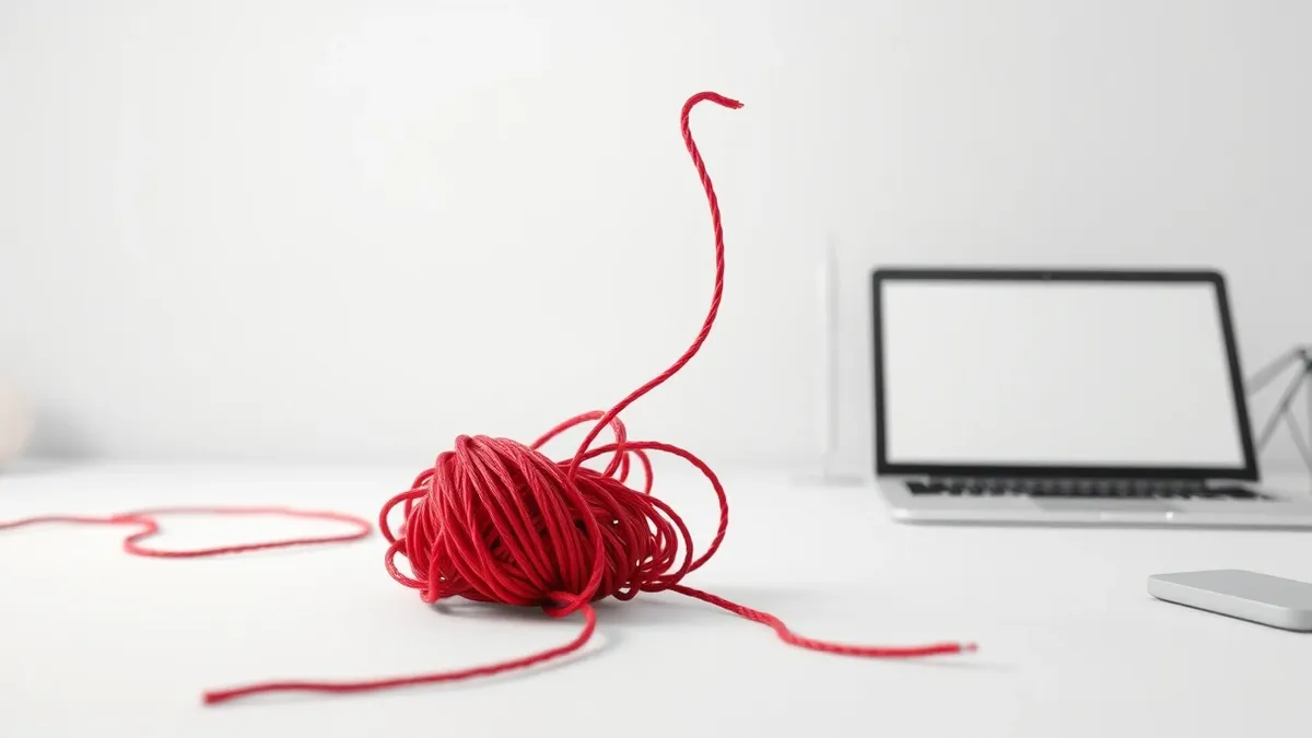 Illustration: A tangled knot of thin, frayed red yarn sits atop a clean white desk surface.