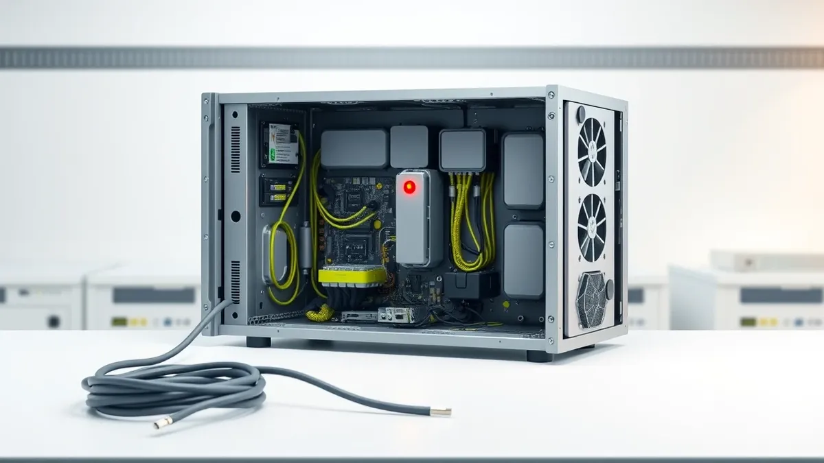 Illustration: A rugged, modular server chassis sits open on a clean white workbench, revealing intricate circuit boards and cooling fans.