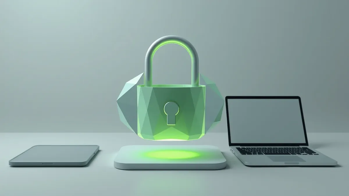Illustration: A translucent digital lock snaps shut around a floating cloud storage bucket.