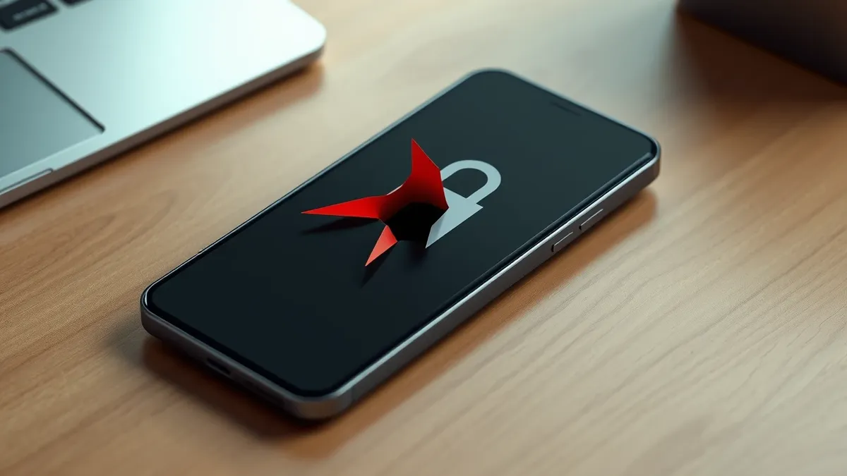 Illustration: A sleek black smartphone rests on a wooden desk, its screen displaying a blank login interface.