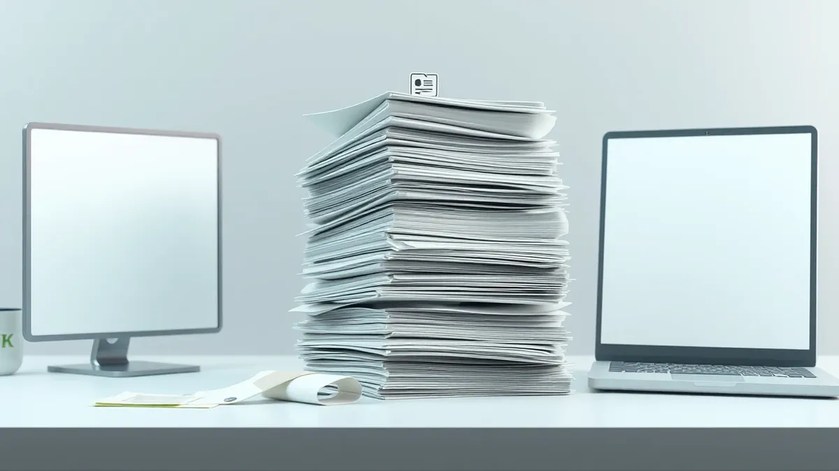 Illustration: A tiny document icon sits precariously on the edge of a towering, overflowing stack of identical papers.